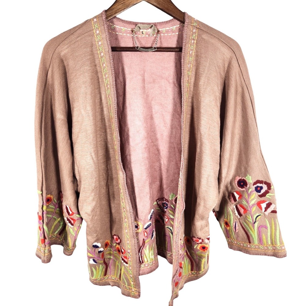 Paparazzi Dusty Rose Floral Embroidered Kimono Open Front Cardigan‎ Size Large
